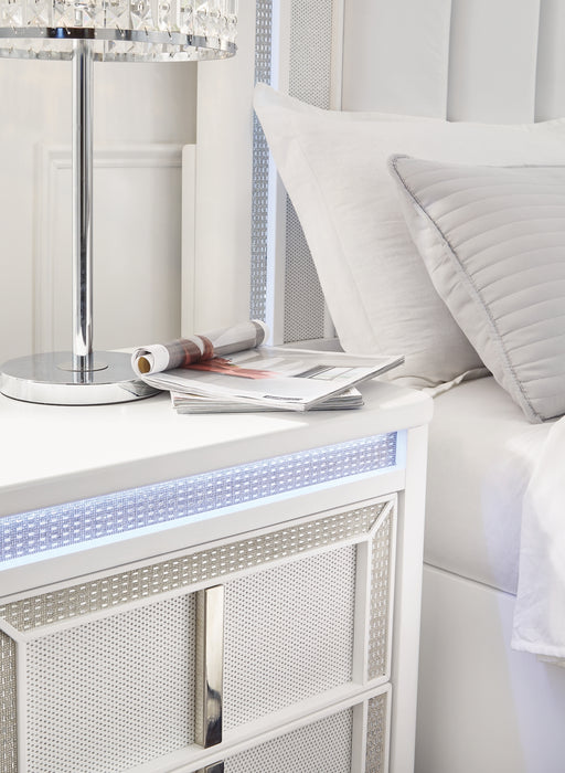 Chalanna California King Upholstered Storage Bed with Mirrored Dresser and Nightstand